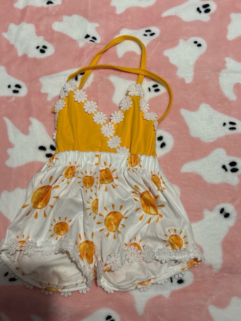 SHEIN Yellow & White Sun Print Daisy Trim Romper - Picture 1 of 1